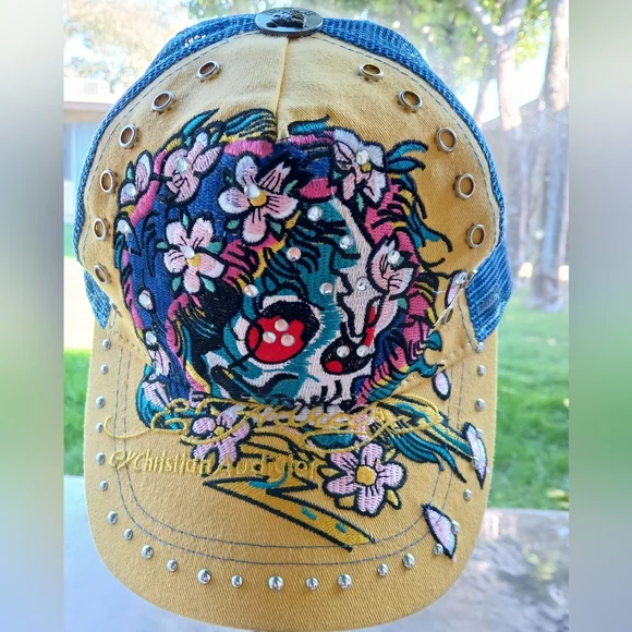 New Vintage Ed Hardy by Christian Audigier Embroidered Rhinestone Trucker Hat. - Picture 2 of 16